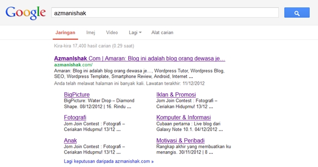 hasil carian laman web azmanishak di google